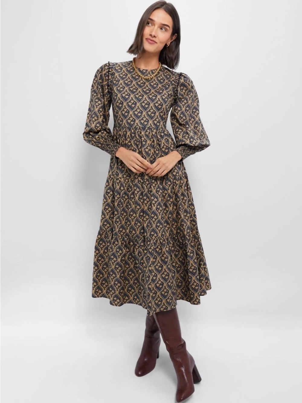 Long Sleeve Printed Midi Dress in Olive Brown